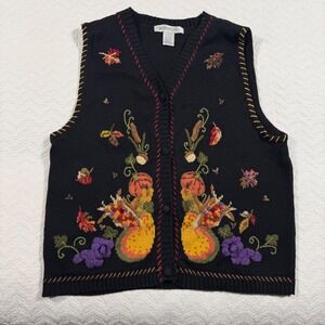 Vtg ARRIVISTE Womens L Black Button Front Sweater Vest Pumpkin Leaf Embroidered